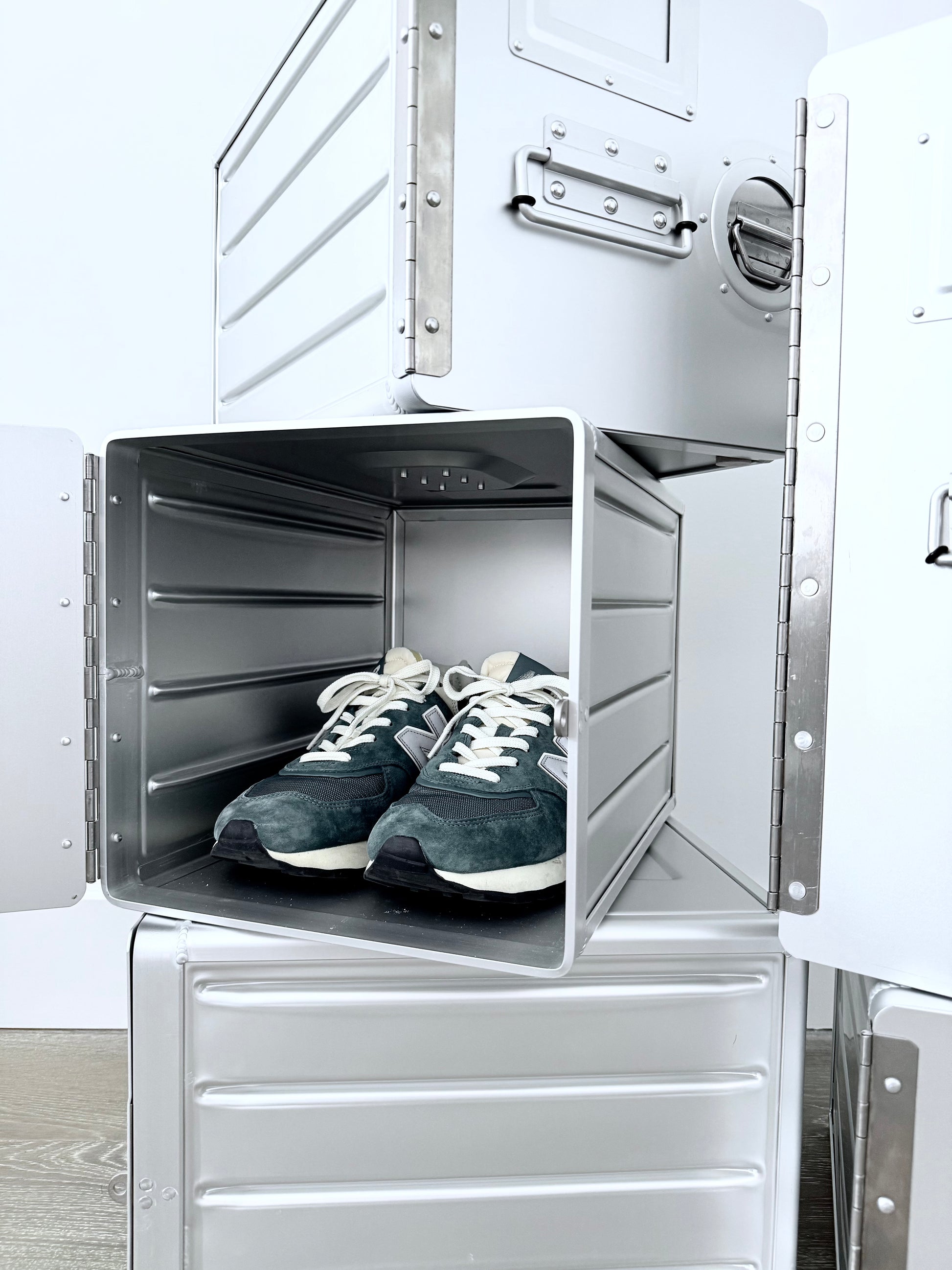 Concord Aero Cabinet Standard, luxury aluminum cabinet with aviation-inspired design. Compact storage for high-end homes, executive offices, and luxury home decor.