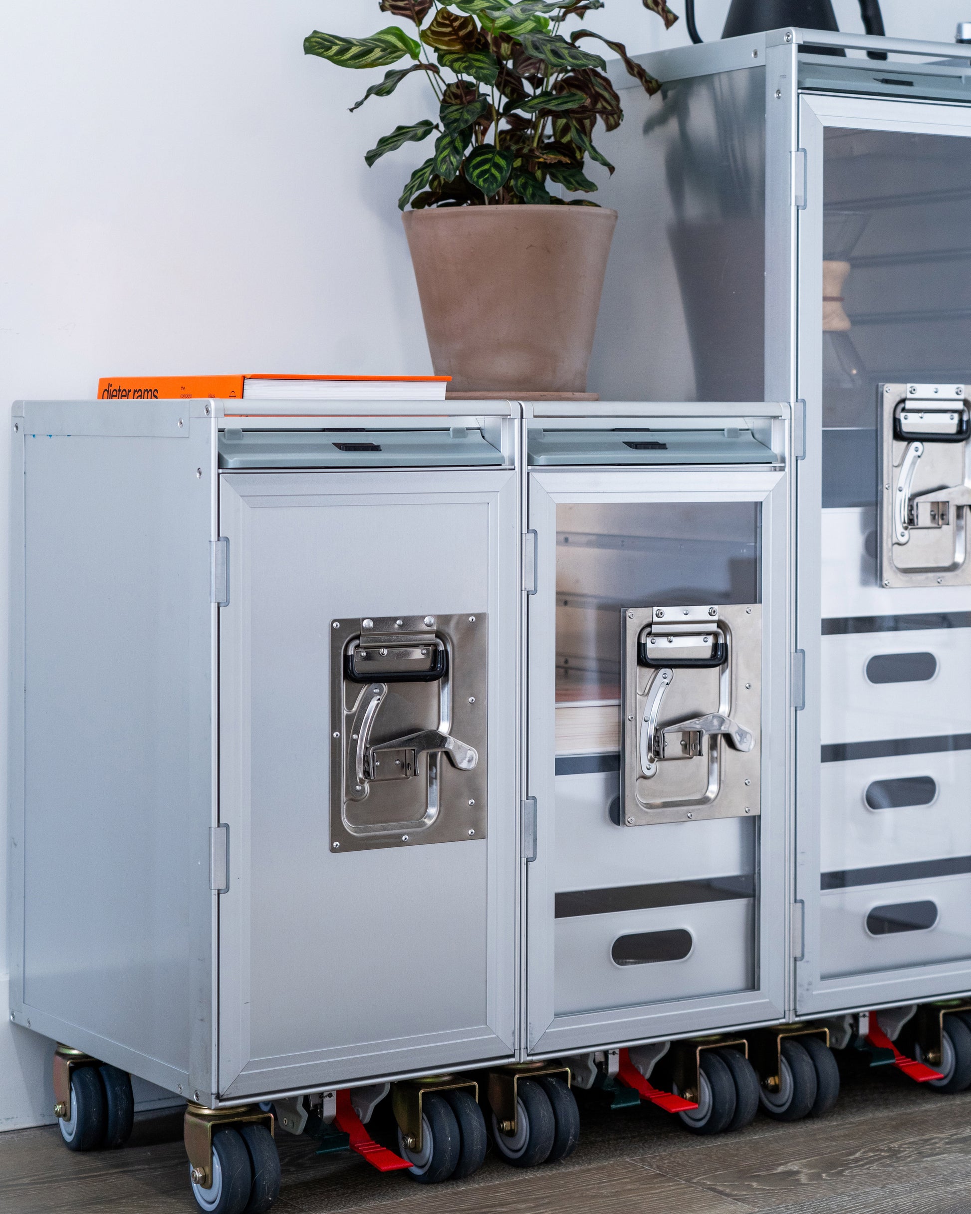 Concord Hercules S luxury trolley, aviation-inspired design in brushed aluminum. Compact for high-end homes, executive offices, and under office tables, or serve as a nightstand, ideal for luxury home decor.